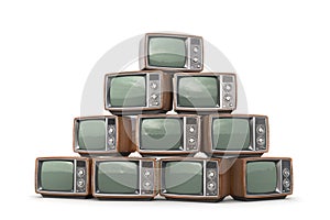 Pile of old TVs isolated on a white background photo