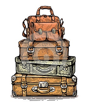 Pile of old vintage suitcases. Colorful briefcases stack, travel bags, luggage with locks and handles. Vacation concept