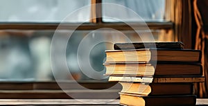 Pile of old, yellowed books by a glass window.Space for text. AI generated photo