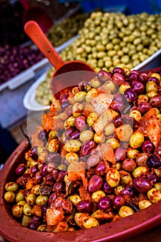 A pile of olives on the market in medina, Morocco