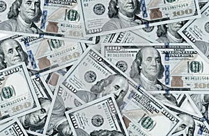 Pile of one hundred US banknotes. Cash of hundred dollar bills, dollar background image. 100 bills background