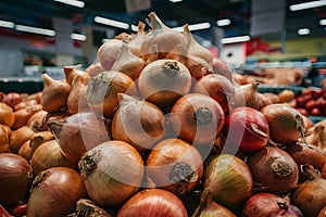 Pile of onions, fresh produce display, culinary ingredient concept