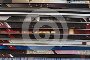 Pile of open magazines without texts seen from above