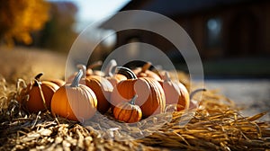 Pile of orange fall and Halloween pumpkins and hay decorating the country barn scene - generative AI