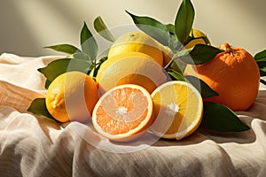 A pile of oranges is neatly arranged on a table, Close up of bright organic citrus fruits on a table, AI Generated
