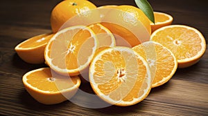 Pile of Oranges on Wooden Table, Fresh Citrus Fruit Arranged Neatly