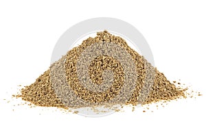 Pile of organic coriander powder isolated on white background. Coriander spice powder