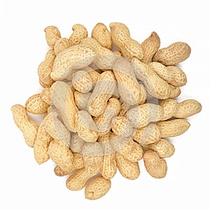 Pile of organic Peanut isolated on white background. Top view. Nuts collection