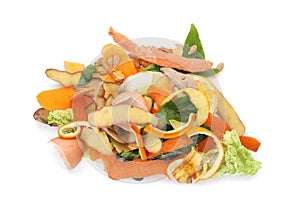 Pile of organic waste for composting on white background, top view