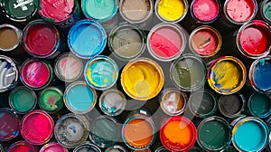 A pile of paint cans with many different colors