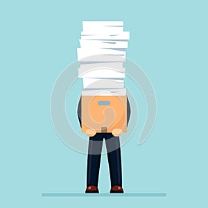 Pile of paper, busy businessman with stack of documents in carton, cardboard box. Paperwork. Bureaucracy concept. Stressed
