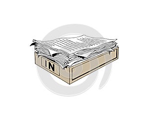 Pile of paper documents and file folders in carton boxes on office table. Flat cartoon style vector illustration