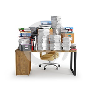 Pile of paper documents and folders on an office desk. Carton boxes. Chair table.