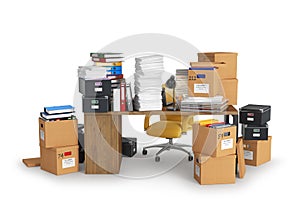 pile of paper documents and folders on an office desk. Carton boxes. Chair table.