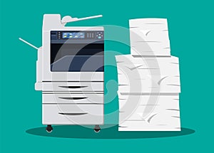 Pile of paper documents and printer