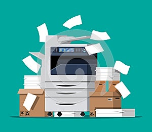 Pile of paper documents and printer