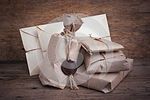 pile parcel wrapped with brown kraft paper