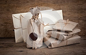 pile parcel wrapped with brown kraft paper