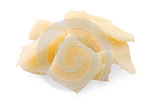 Pile of parmesan cheese pieces on white background