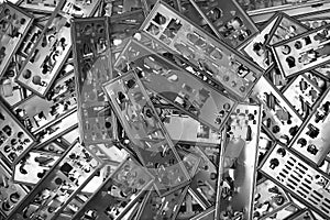 Pile of PC motherboard backplates. Computer technology background