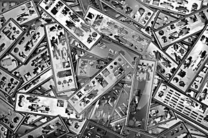 Pile of PC motherboard backplates. Computer technology background