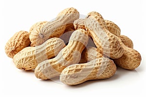 Pile of peanuts on white background in natural light. Neural network AI generated