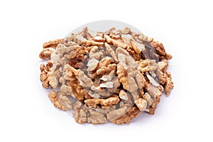 Pile of peeled walnuts, closeup on white background
