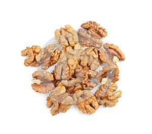 Pile of peeled walnuts on white background, top view