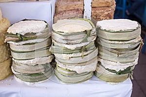 Pile of Peru cheese on the Arequipa`s cheese market San Camilo. Serrano Cheese photo