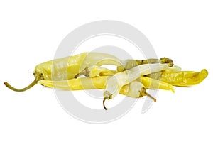 Pile of pickled yellow peppers isolated on white