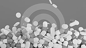 Pile of pills falls on isolated background. Animation. Drug capsules fall on isolated background. Medicines, capsules