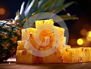 Pile of pineapple cubes on wooden table