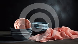 a pile of pink cloth next to a stack of bowls