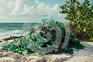 A pile of plastic bottles on a beach