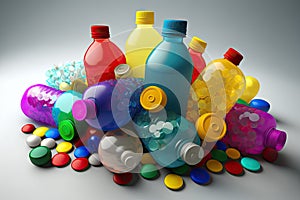 pile of plastic bottles with different colored caps and labels, for recycling