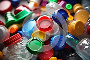 pile of plastic bottles with different colored caps and labels, for recycling