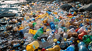A pile of plastic bottles and other trash on a beach, AI