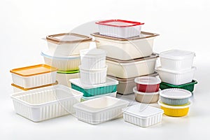 A pile of plastic containers on a white background
