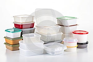 A pile of plastic containers on a white background
