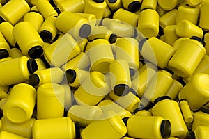 Pile of plastic jar for sport nutrition protein powder on white background