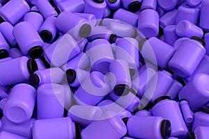 Pile of plastic jar for sport nutrition protein powder on white background