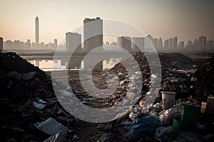 A Pile Of Plastic Trash Against The Backdrop Of A Big City. Generative AI