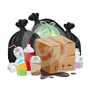 Pile of plastic waste dump and paper crate boxes isolated on white background, bags plastic and bottle garbage waste, plastic