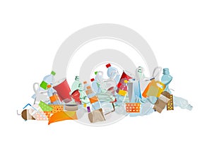 A pile of plastic waste on a white background consists of plastic bottles, boxes and plastic glasses. Garbage pollution illustrati photo