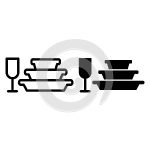 Pile of plates and glass line and glyph icon. Stemware and stack of dishes vector illustration isolated on white