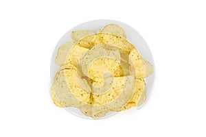 Pile of potato chips isolated on white background