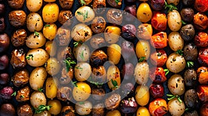 a pile of potatoes with different colors and herbs photo
