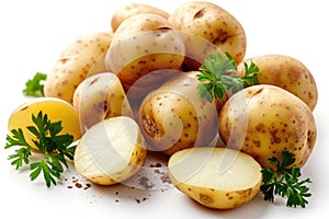 A pile of potatoes sitting neatly arranged on top of a clean white table