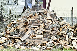 A pile of punctured firewood. Harvested wood for the stove