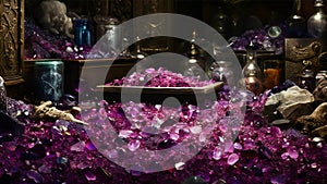 a pile of purple crystals in a room with additional decorative bottles and other accessories